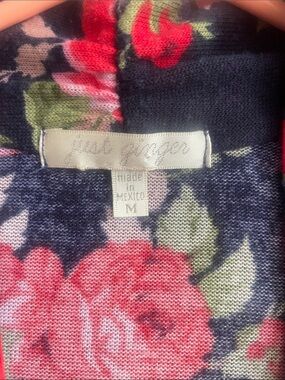 just ginger Navy Knit Top with Pink Roses and Green Leaves